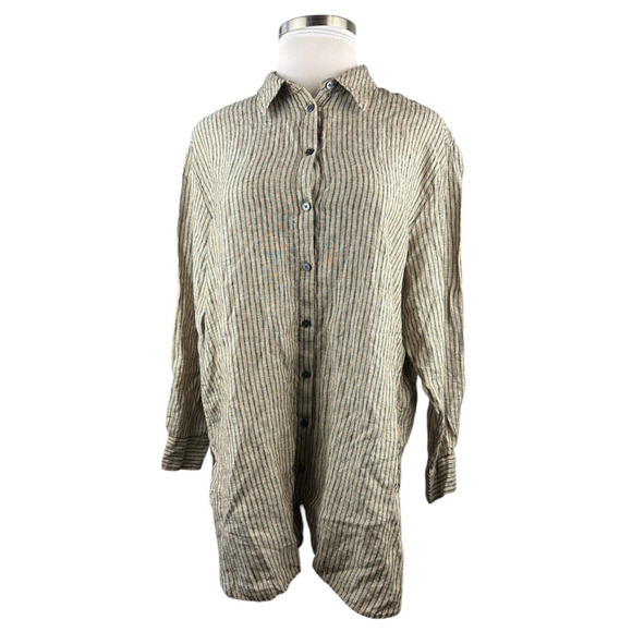 Boden Linen Button Front Long Tunic Top Metallic Stripe Shirt US Size 16/18 R - Picture 2 of 14